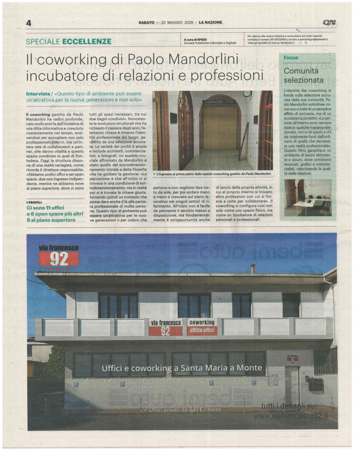 Speciale la Nazione Le Eccellenze del Territorio, Coworking Via Francesca 92